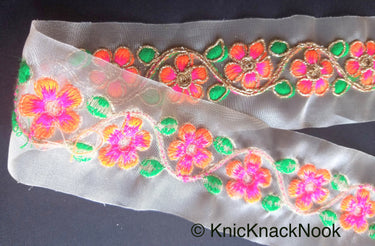 Gold Sheer Tissue Fabric Trim With Embroidered Pink / Blue, Orange, Green & Gold Flowers